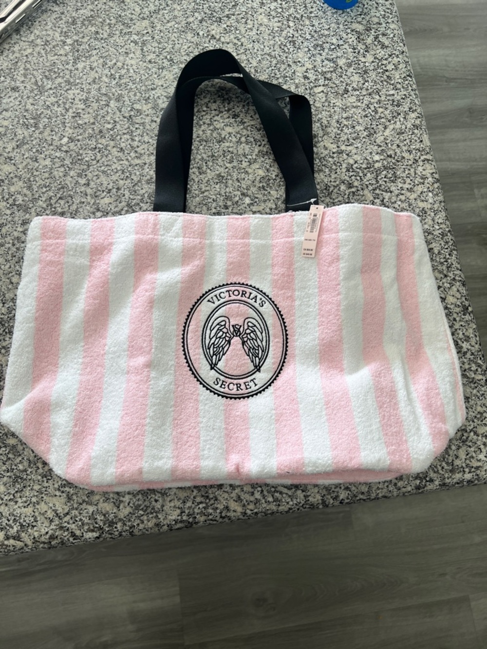 Victoria's Secret Pink & White Striped Beach Tote with Black Handles